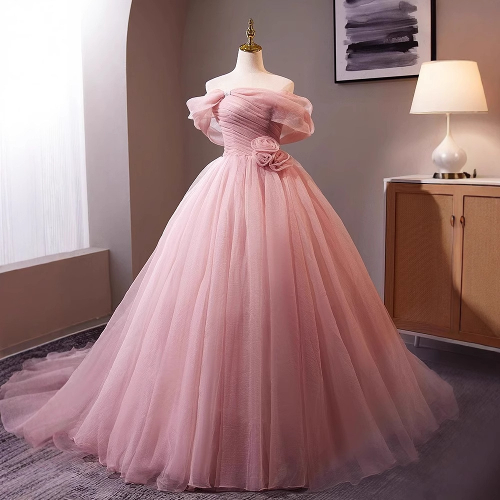 New Fluffy Evening Dress One-Shoulder Mesh Princess Style Small Tail Colorful Yarn Banquet Host Classy Dress Skirt