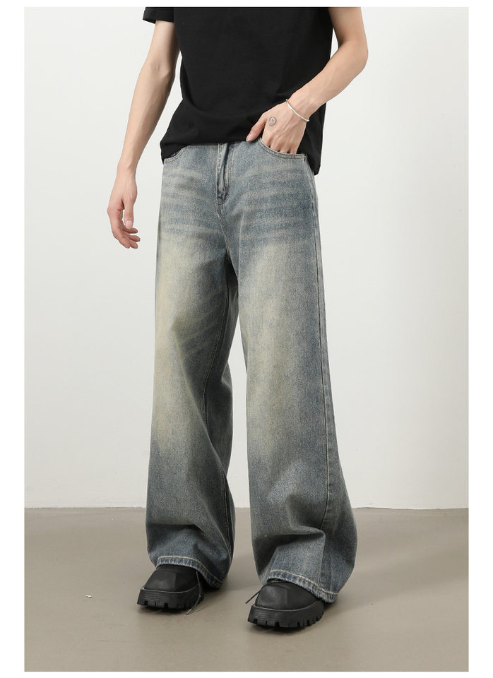 Quần jeans nam ống rộng dáng thẳng phong cách retro, chất denim cotton thoải mái — màu xanh chi tiết 11