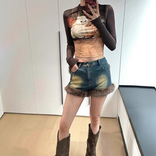 美拉德冬季毛绒短裤辣妹牛仔裤女配靴子短裤外穿A字靴裤直筒热裤