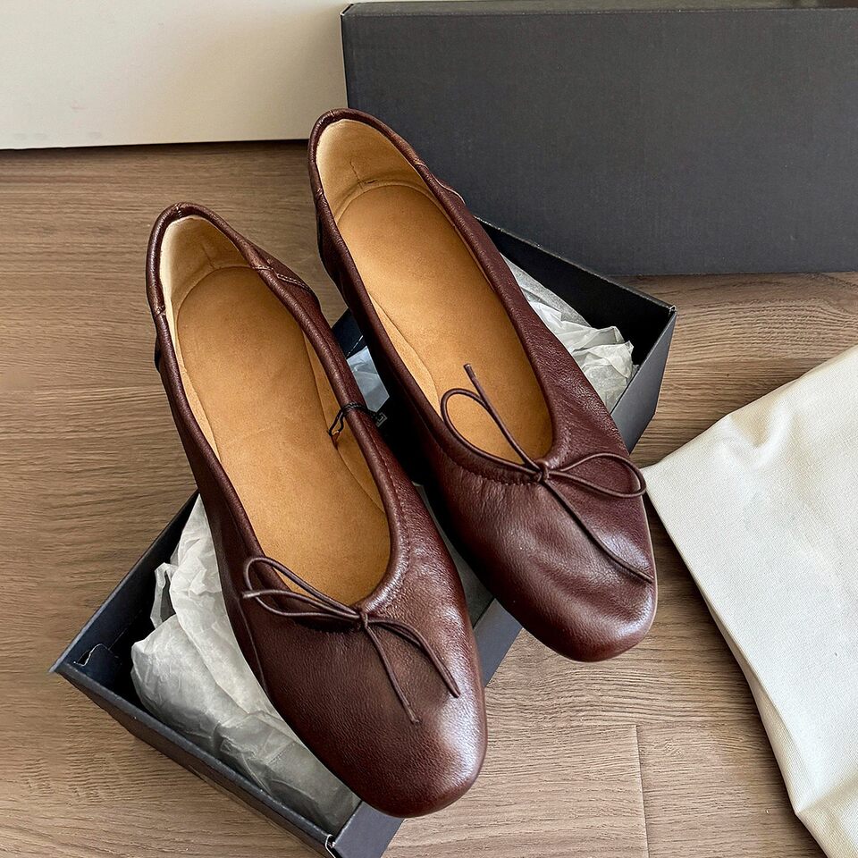 Giày búp bê nữ mũi vuông thắt nơ, đế bằng, kiểu lười dễ mang — Màu nâu chi tiết 6