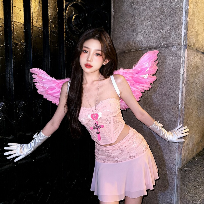 Pink Angel Wings Lace Lingerie Set for Women, Can Be Worn Outside, Two-Piece Strapless Set, Sexy Mesh See-Through, Cute Pink Angel Wings Lace Lingerie Set for Women, Can Be Worn Outside, Two-Piece Strapless Set, Sexy Mesh See-Through, Cute