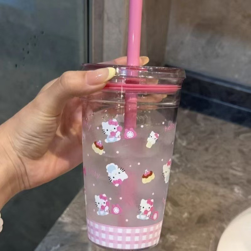 小紅書と同じスタイルのキティ猫ストロープラスチックカップ、見栄えの良いかわいい女の子の水カップ、学生のポータブルタンブラー|undefined