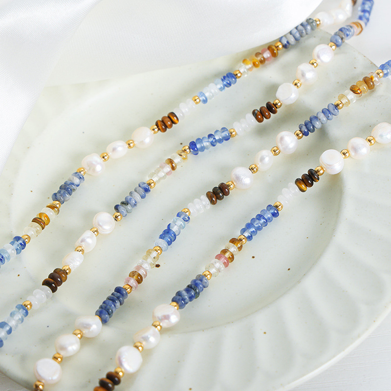 Cuentas de piedra natural perlas agua dulce hecho a mano collar acero titanio versátil personalidad colorido dulce chica temperamento joyería para las mujeres