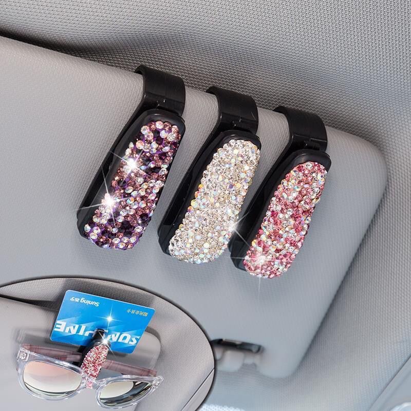 Diamond-Encrusted Car Glasses Clip, Multifunctional Car Sunglasses Holder, Cute Car Eyeglass Case, Female Car Sun Visor Clip