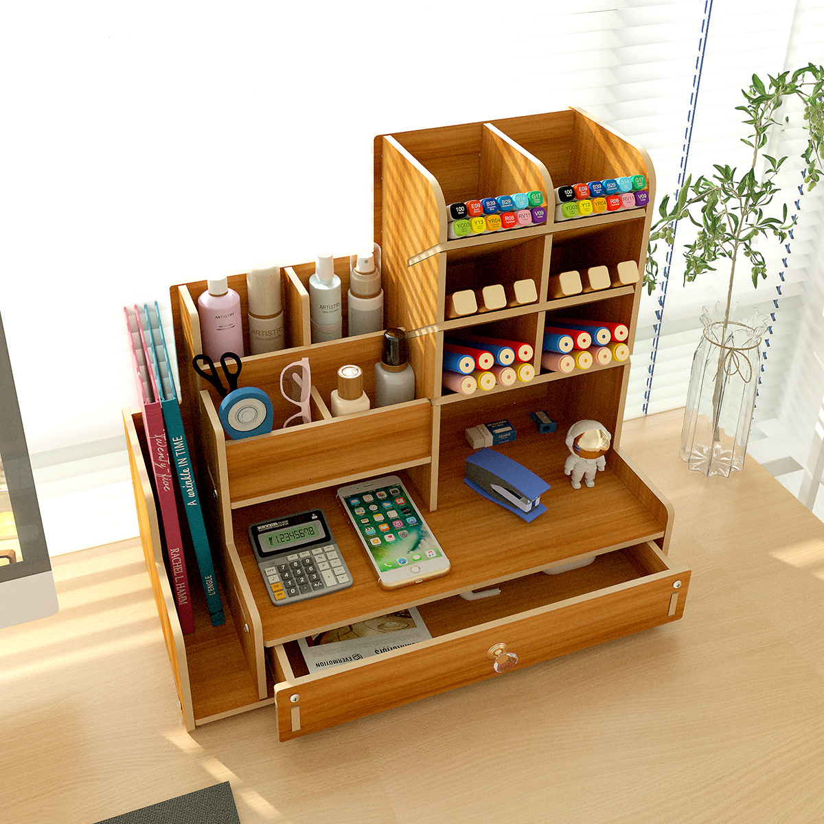 Caja de almacenamiento de escritorio estilo europeo, portalápices, artículos de papelería, caja de almacenamiento integrada para escritorio de oficina, caja de madera creativa para control remoto, venta al por mayor