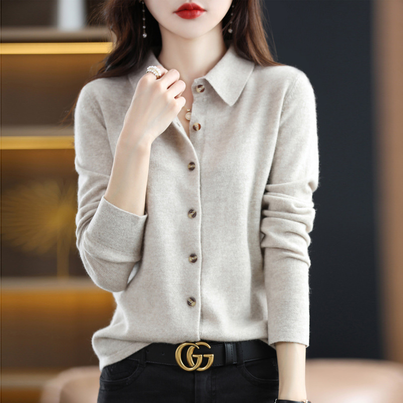 Spring and Autumn Polo Collar Knitted Shirt with Loose Long-Sleeved Sweater Non-Cashmere Cardigan Elegant Lapel Jacket Wholesale