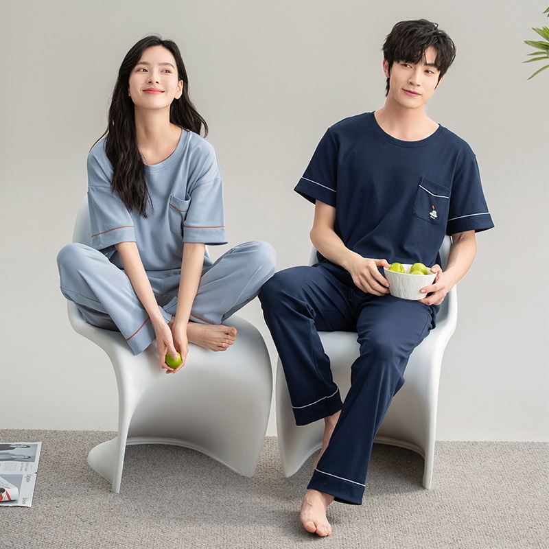 [Antibacteriano] pijama hombre de verano de mangas cortas de algodón pareja conjunto de mujeres casuales de color sólido de alta calidad ropa para el hogar