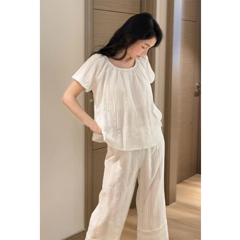 Korean Style Gentle Short-Sleeved Pajamas for Women 2025 New Summer Large Size Loose Wide-Leg Pants Home Wear Set