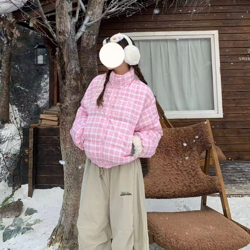 美式格子立领冬季新款外套短款百搭棉服时尚保暖学生面包服加厚女