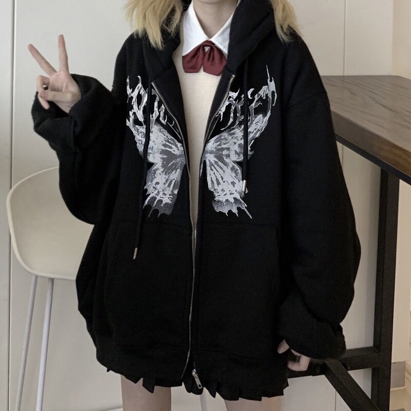 Cross-border Hooded Sweatshirt in stock Zipper Sweatshirt Autumn and Winter European and American Butterfly Sweatshirt Gothic Style Sports Hooded Jacket
