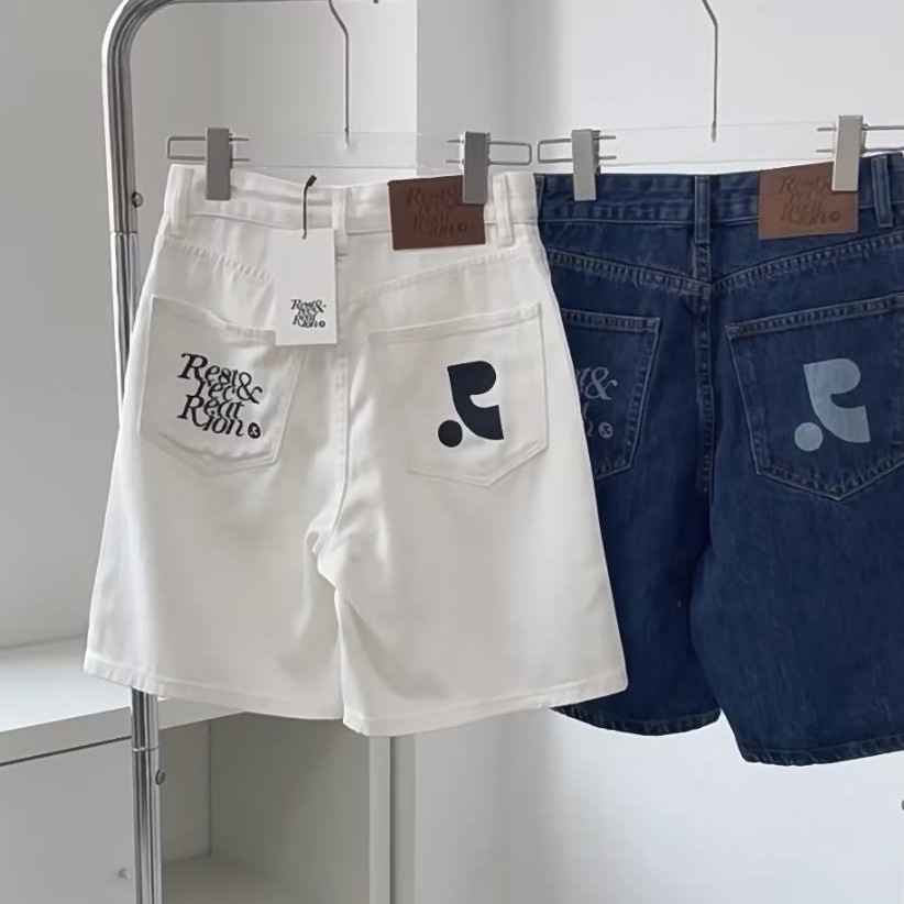 Korean Niche Rest Rr Clottyteam Loose Casual Slimming Rr Printed Denim Shorts Women's Knee-Length Shorts