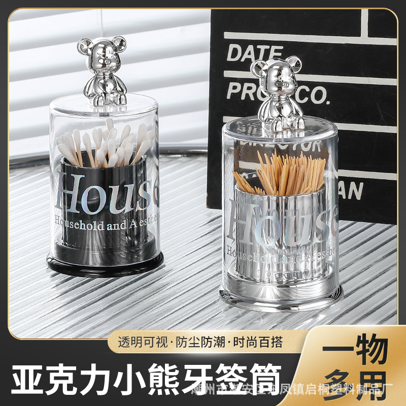 Red roja de alto aspecto oso palillo de dientes titular de la caja de palillo de dientes de acrílico titular de palillo de dientes creativo hogar hisopo de algodón jarra de almacenamiento