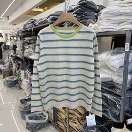 春季新品圆领宽松显瘦条纹撞色冰丝针织衫上衣女