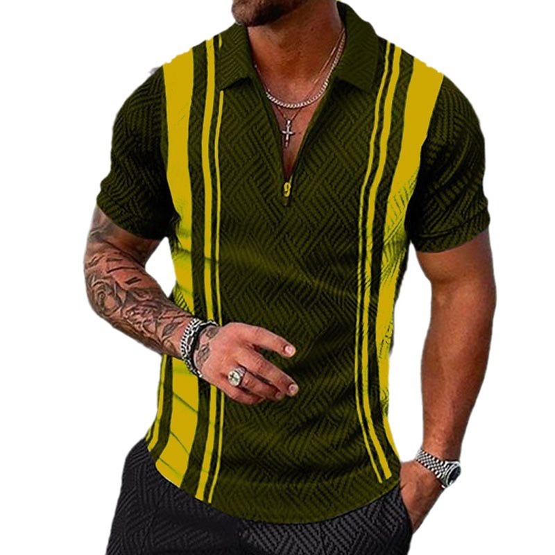 Polohemd für Herren mit geometrischem Karomuster, 3D-Druck, kubanischem Outdoor- und Street-Style, Kurzarm_voghion.com