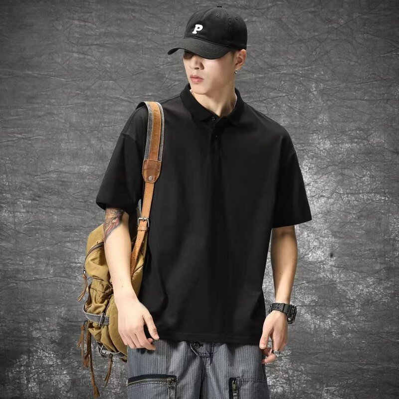 2025 Summer Polo Shirt Men's Trendy Pure Cotton All-match Top Loose Lapel Half-sleeved Solid Color Short-sleeved T-shirt Cross-border