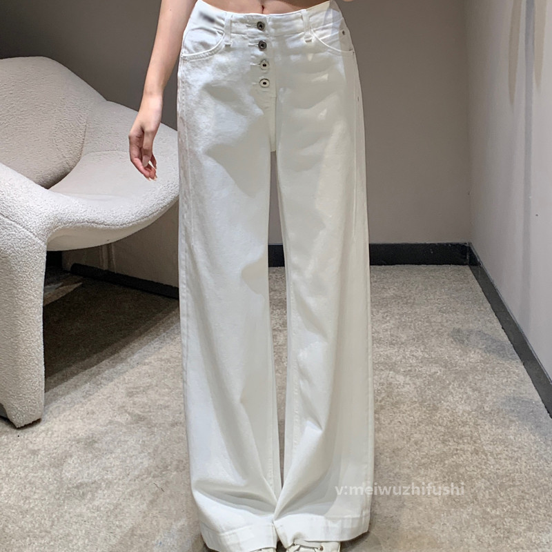 白色系水洗高腰牛仔裤女 简约显瘦百搭排扣阔腿长裤早秋 ZK63321|undefined