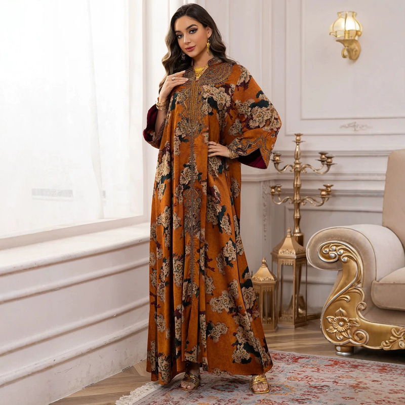 CG790 foreign trade cross-border jalabiya long dress with floral heavy embroidery and printed patterns, kaftan robe CG790 foreign trade cross-border jalabiya long dress with floral heavy embroidery and printed patterns, kaftan robe