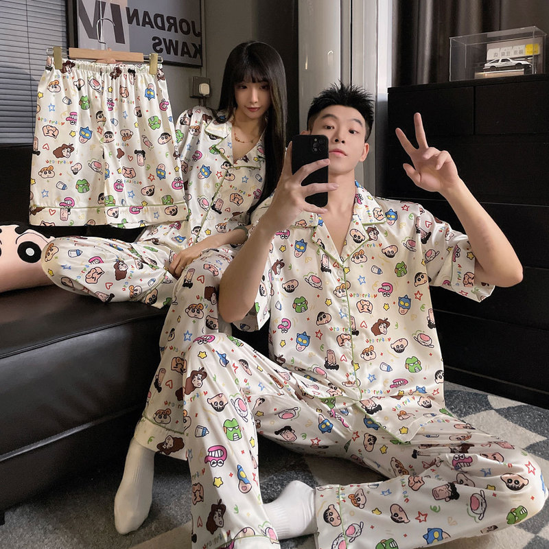 Cute Crayon Shin-new Ice Silk Couple Pajamas Three-piece Set Summer Short-sleeved Shorts Cartoon Home Clothes suit