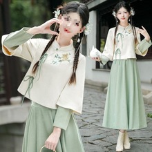 国风复古中式斜襟立领系带改良刺绣汉服女长袖上衣半身裙套装茶服