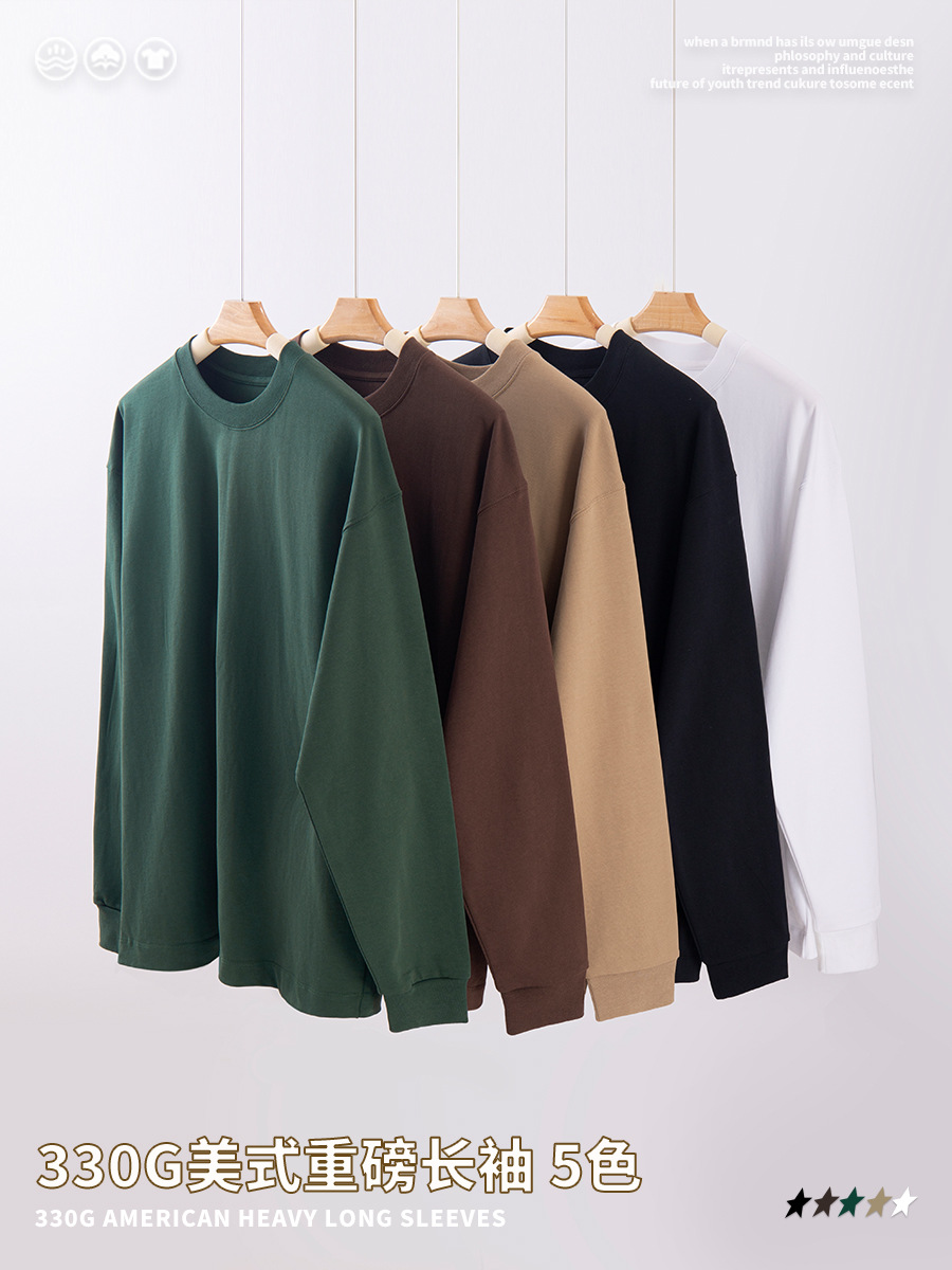 クロスボーダー330g重ポンド双紗長袖tシャツ男性ゆったり潮牌アメリカ式小襟元純綿底シャツtシャツオーダーメード