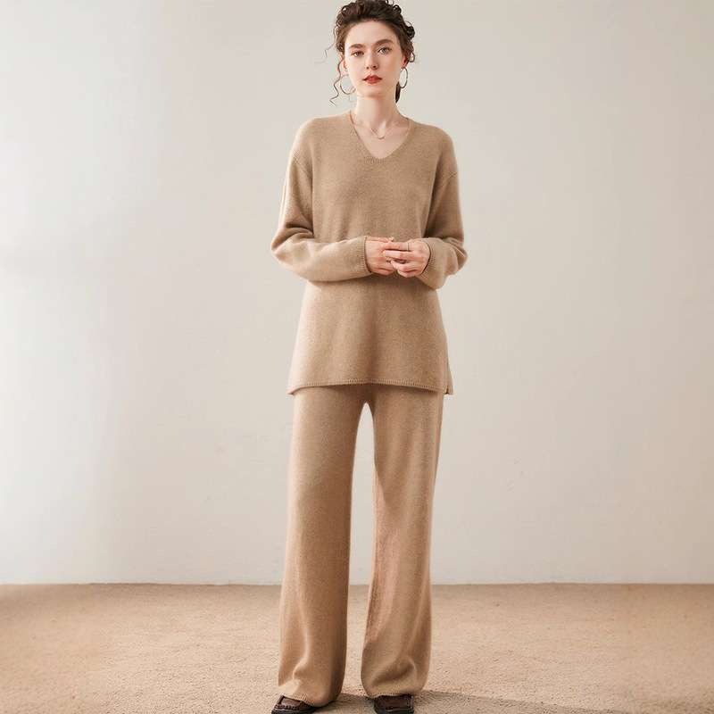 Thickened Women's Cashmere Suit V Neck Cashmere Knitwear Knitwear High Waist Wide Leg Pants Casual Top Pants Suit