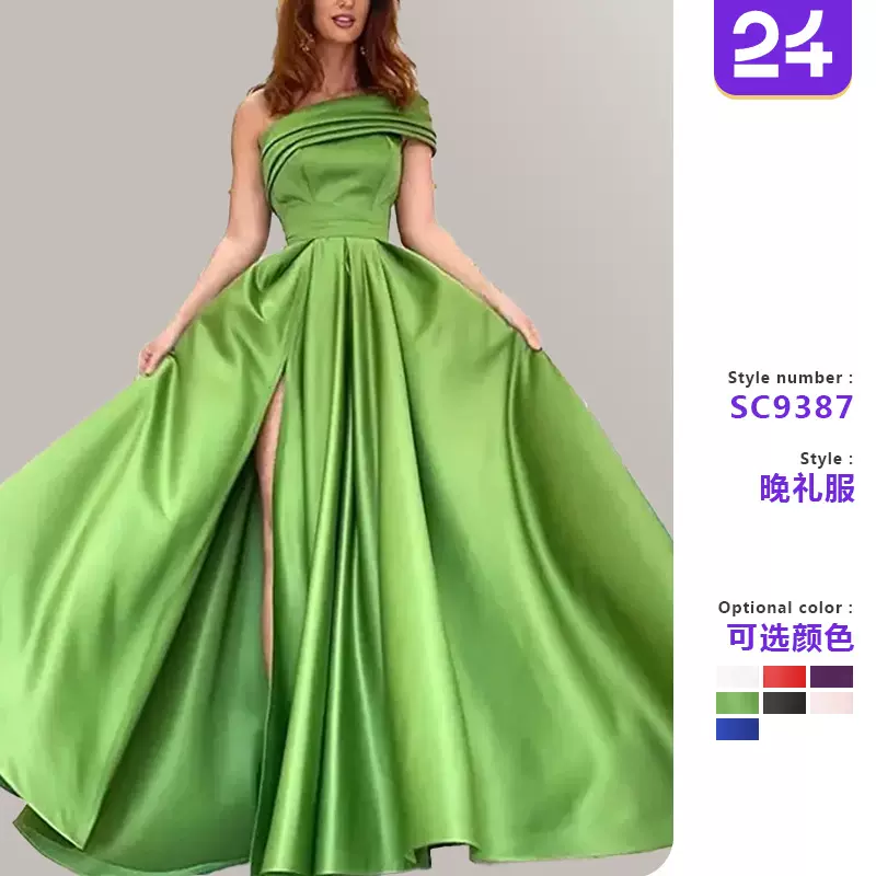 外贸单肩缎面礼服亚马逊晚礼服生日宴会蓬蓬裙绿色高开叉性感连衣