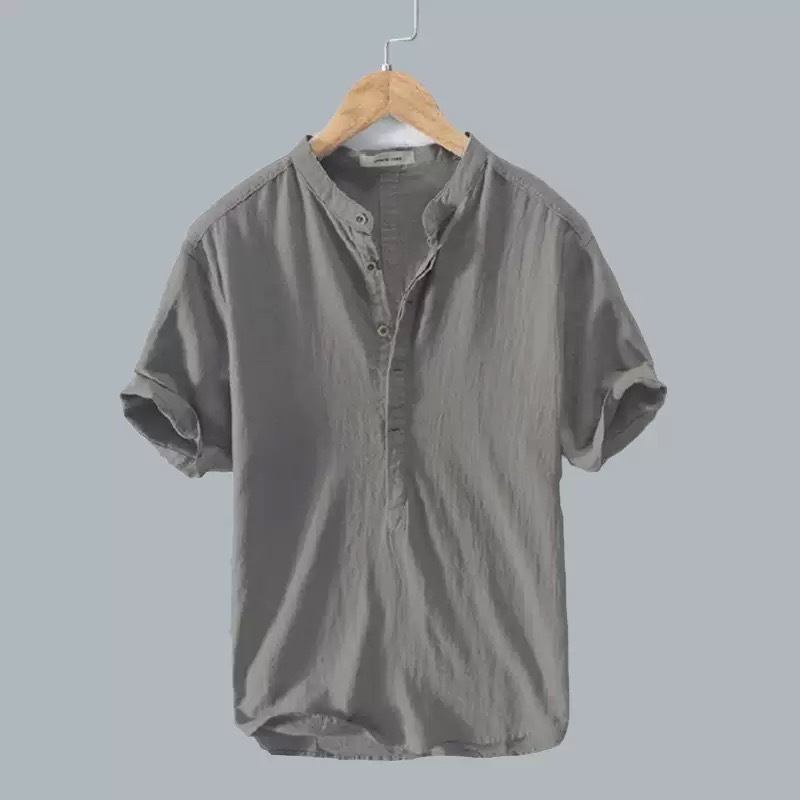 Breathable Linen Blend Short Sleeve Shirt For Men, Casual Summer Pullover Top With Comfort Fit_viptrois.com