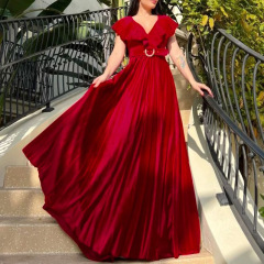 D3159pベルト欧米の大きいサイズの婦人服vネックの純色のタックのハスの葉の辺のロングスカートのドレスのスカートの外国貿易のワンピース