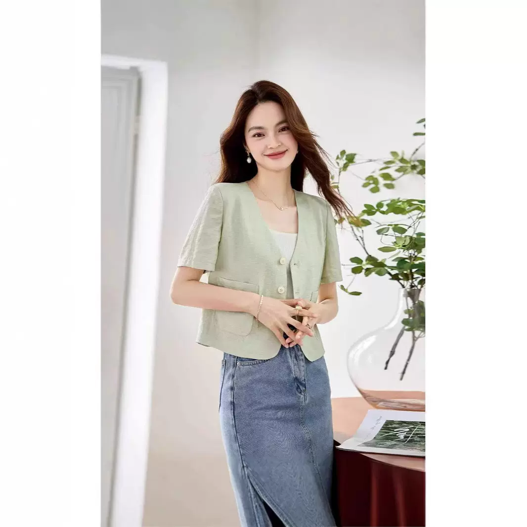 夏季小西装外套开衫女短袖新款高级感小个子短款休闲通勤西服上衣