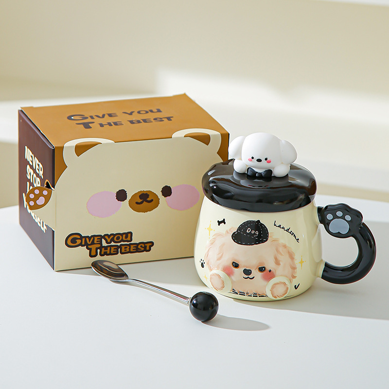 Taza de cerámica de alto valor nominal ins para cachorros con tapa para casa encantadora pareja taza de café para desayuno para acompañantes taza de regalo