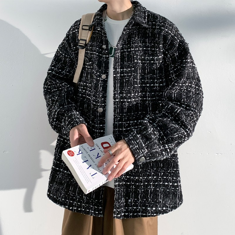 Tweed Chanel Style Plaid Jacket Men's Spring and Autumn Winter High-end Sense Loose Casual Men's Lapel Jacket