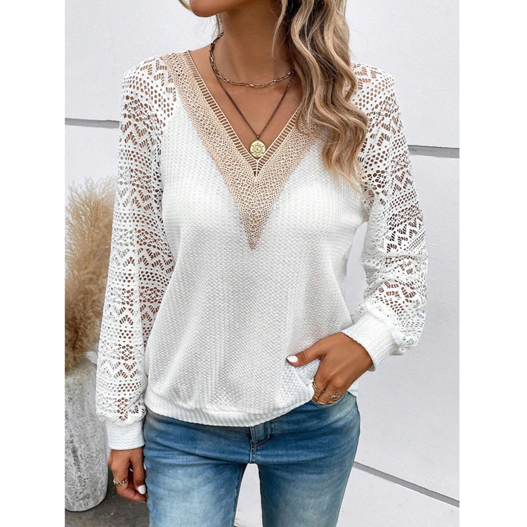 2023 new spot cross-border European and American autumn women's long sleeve V-neck stitching hollow lace perspective casual T-shirt