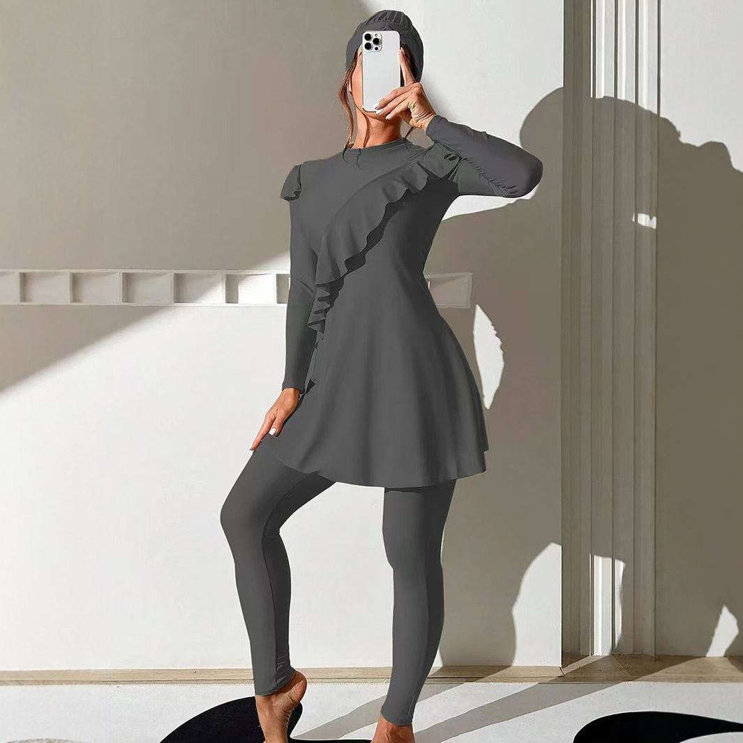 Traje de Baño Conservador Burkini de Manga Larga en Nailon y Poliéster para Natación