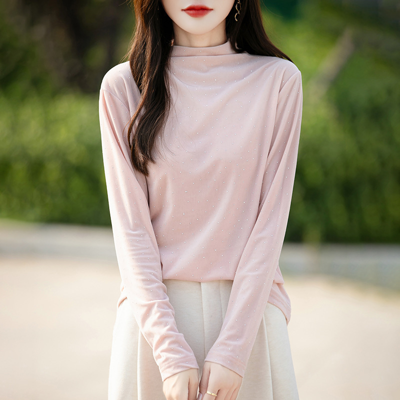 Spring and Summer Half Turtleneck Velvet Bottoming Shirt for Women, Long-Sleeved Pure Color Loose Slimming Look Top with Knitted Knitwear Inside and Outside