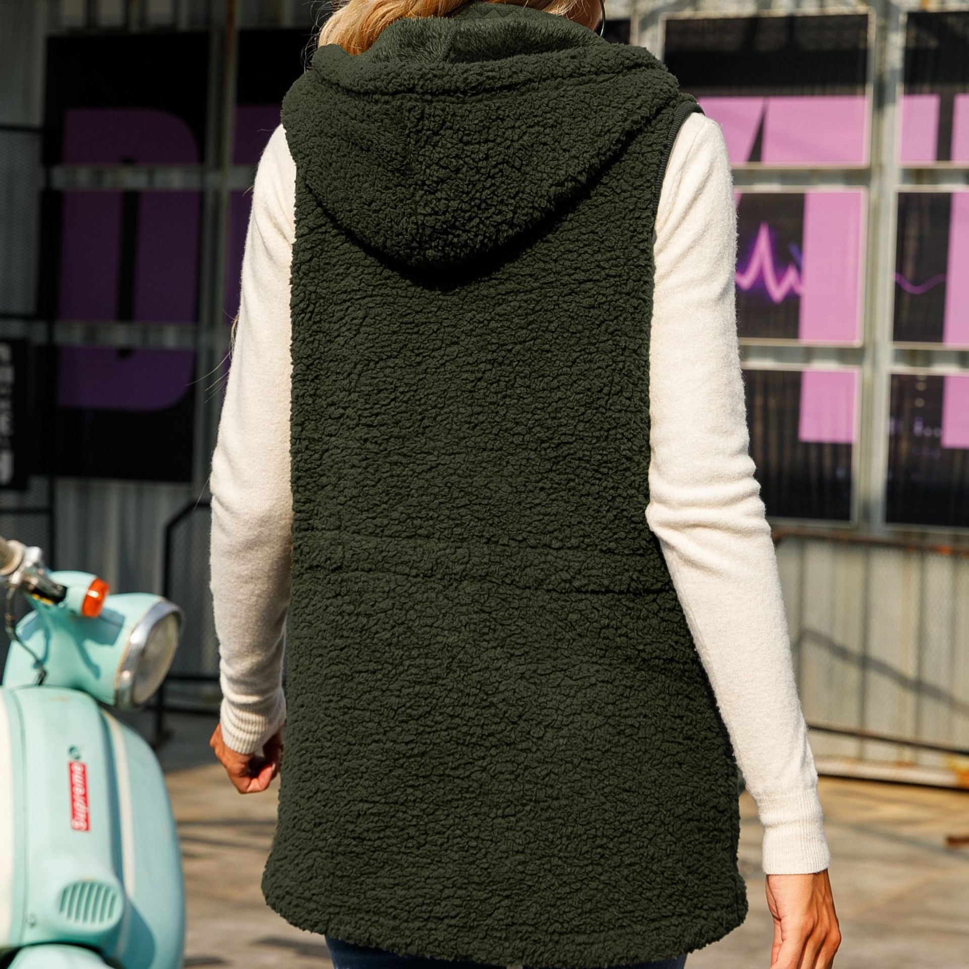 Damenbekleidung Herbst Damen Weste mit Kapuze, ärmellos, Reißverschluss, mittellang, einfarbig, verstellbare Taille, Blasensamt_voghion.com