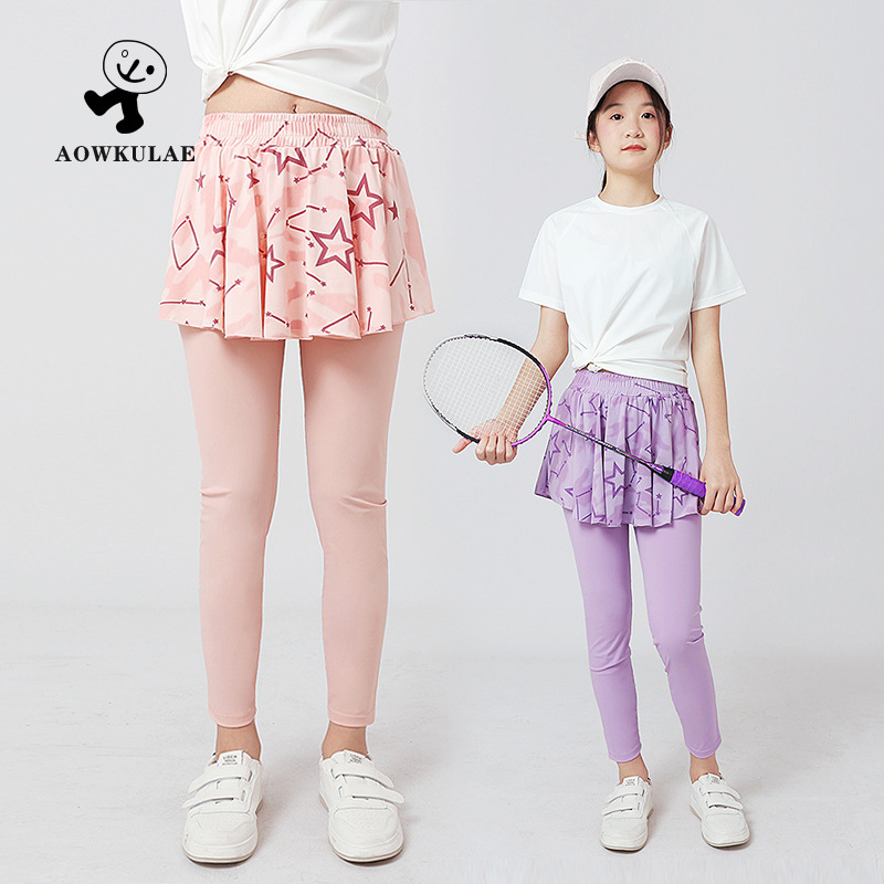 Summer Korean Style New Girls' Tennis Culottes Big Children Quick-drying Ice Silk Fake Two-piece Anti-mosquito Pants Girls' Leggings