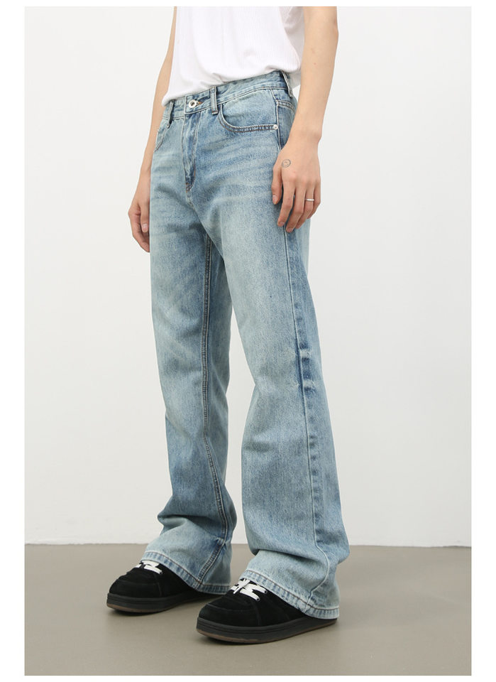 Quần jean nam ống loe nhẹ cạp vừa dáng suông rộng giặt wash cổ điển — Màu xanh lam, Đen xám chi tiết 9
