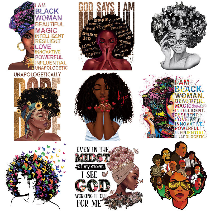 跨境黑人女孩烫画贴小号 衣服贴印花图案烫印logo亚马逊胶印烫图