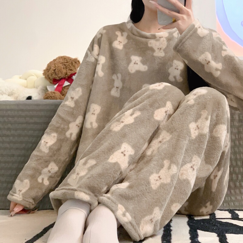 Ins Style Fleece-Lined Thickeneded Coral Velvet Winter Pajamas for Women in Autumn and Winter Cute Student Home Clothes Set That Can Be Worn Outside Ins Style Fleece-Lined Thickeneded Coral Velvet Winter Pajamas for Women in Autumn and Winter Cute Student Home Clothes Set That Can Be Worn Outside