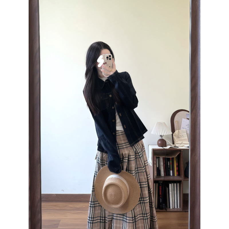 穿搭一整套打底衫休闲牛仔外套百褶格子半身裙三件套装女2025新款|undefined