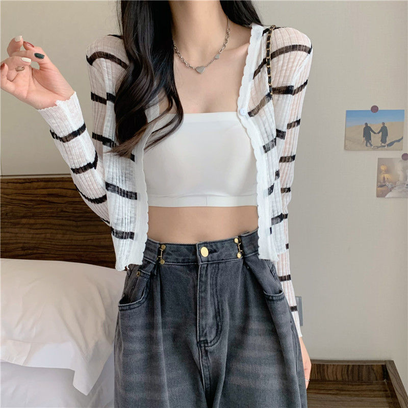 Summer 2025 New Sun-Protective Ice Silk Knit Cardigan, Thin Striped Outerwear, Air-Conditioning Shirt, Short Top for Students