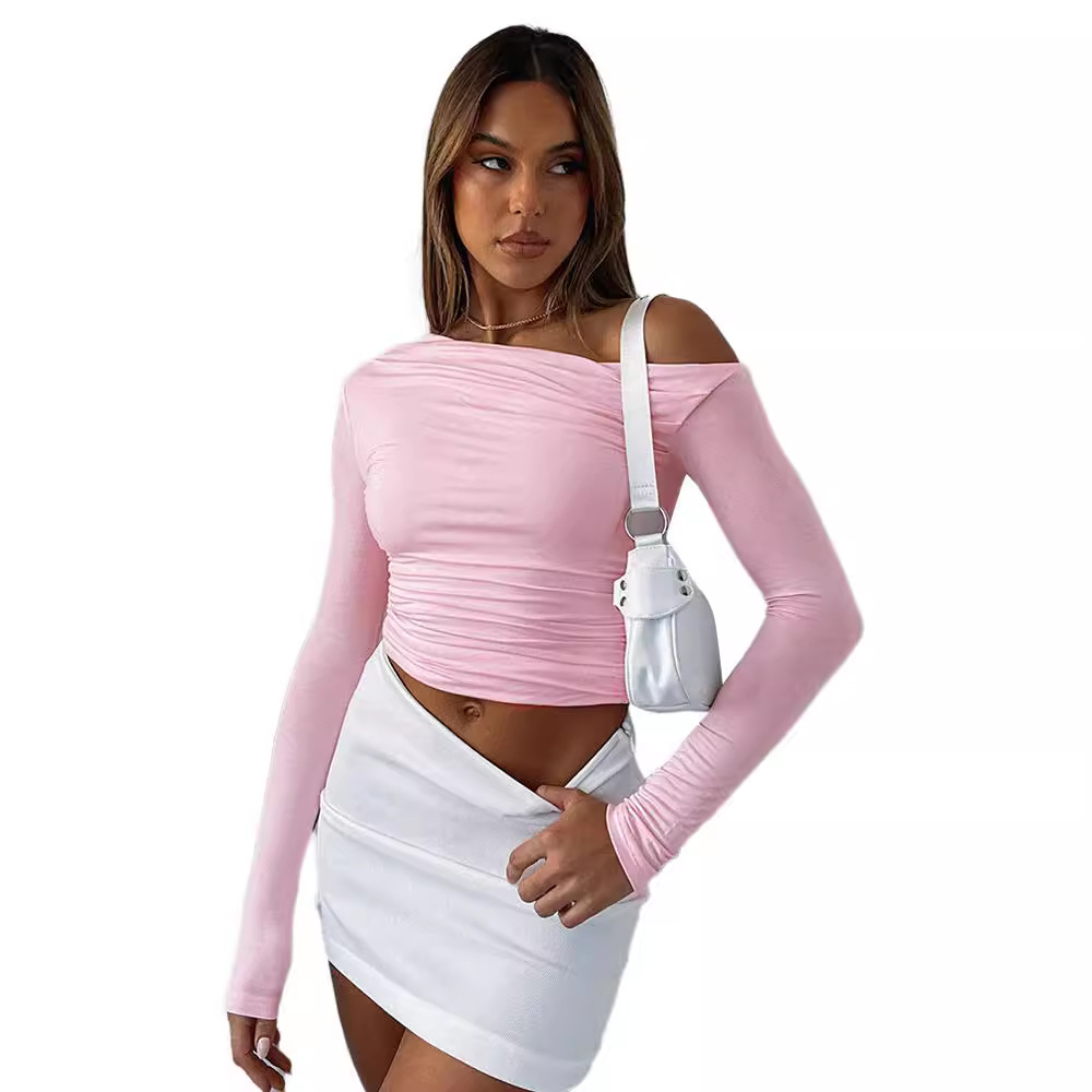 Transfronterizo Amazon europeo y americano de las mujeres de hombro asimétrico de color sólido ombligo superior de manga larga Sexy Slim temperamento camiseta image 6