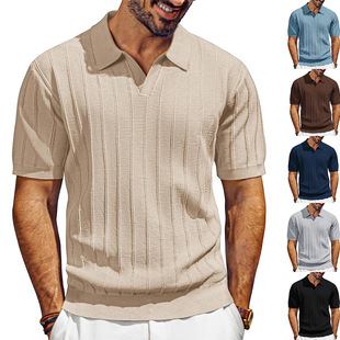 Dunhuang Net Small Batch Specializes in Men's New Mesh Hole Cut Out Lapel Polo Knitwear Knitted Breathable V Neck