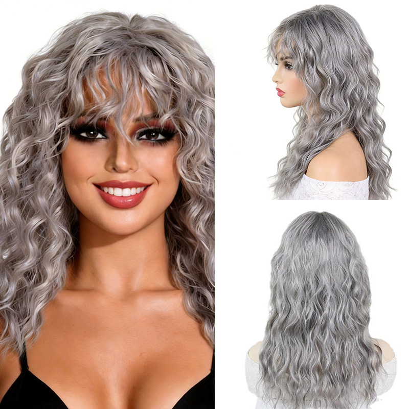 Wigs Amazon women's wigs gray-white granny gray long curly synthetic hair wigs wholesale gray-white air bangs Wigs Amazon women's wigs gray-white granny gray long curly synthetic hair wigs wholesale gray-white air bangs