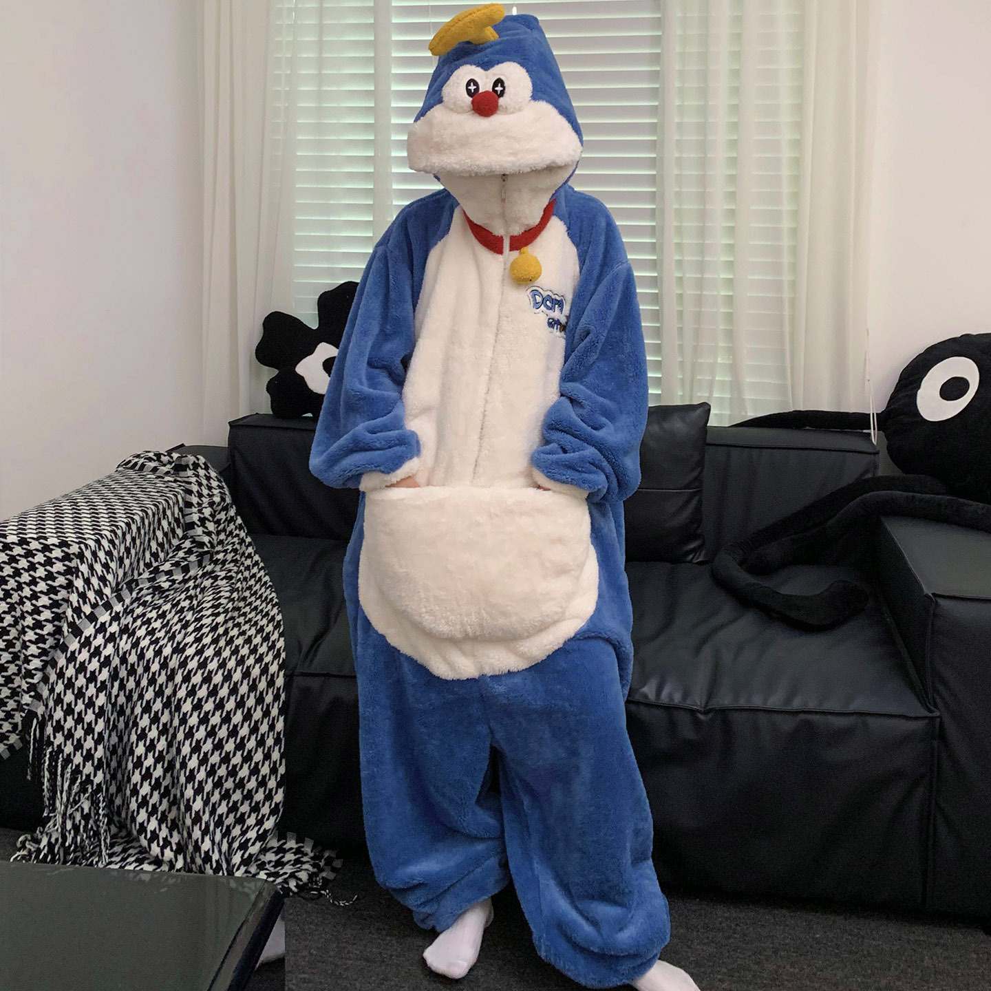 New Coral Velvet Pajamas Men's One-Piece Autumn and Winter Thickened Hooded Large Size Cartoon Jingle Cat Men's Home Wear Set