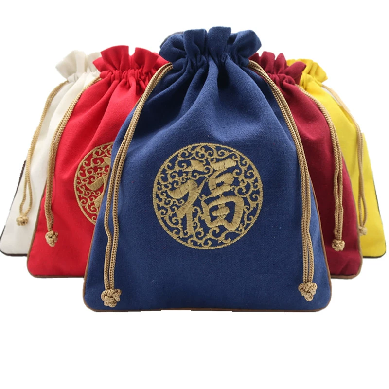 Очень большая льняная сумка с вышивкой, сумка для хранения ювелирных изделий, тканевая сумка для культурных игрушек на шнурке