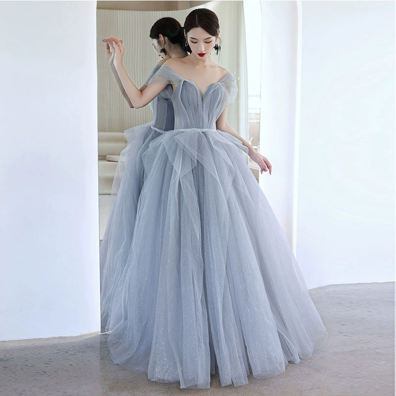 Evening Dress Elite Trend, women's gray off-shoulder ball gown, layered skirt, sizes XS–XXXL