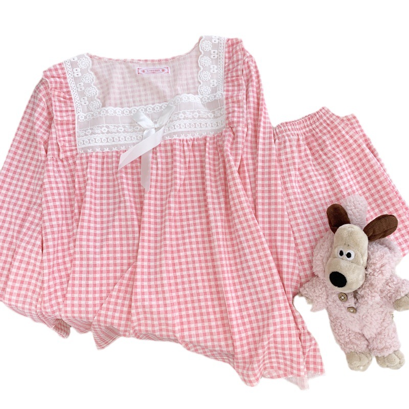 Estilo japonés Rosa Plaid pijamas para las mujeres primavera y otoño dulce princesa estilo manga larga más tamaño grasa M homewear