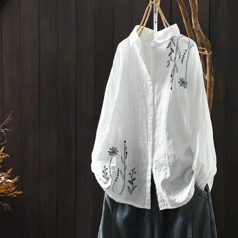 Vintage Embroidered Long Sleeve White Shirt Women's Western Style Summer Thin Loose Fashion plus size Casual Mom Top