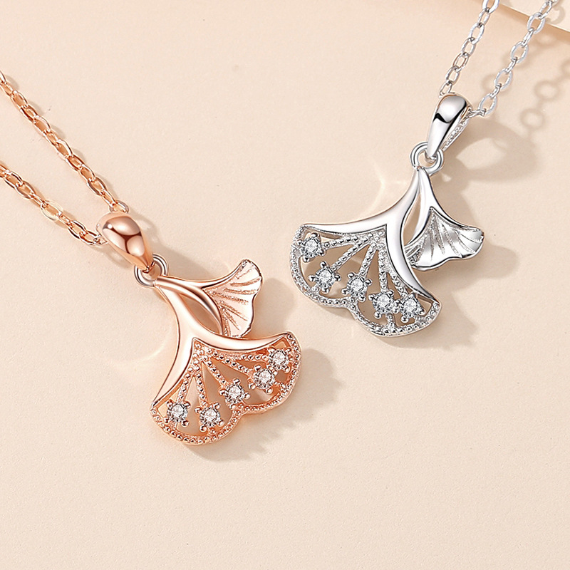 Sansheng suerte plata esterlina S925 collar ginkgo hoja diamante hoja planta clavícula cadena japonés y coreano dulce nicho collar
